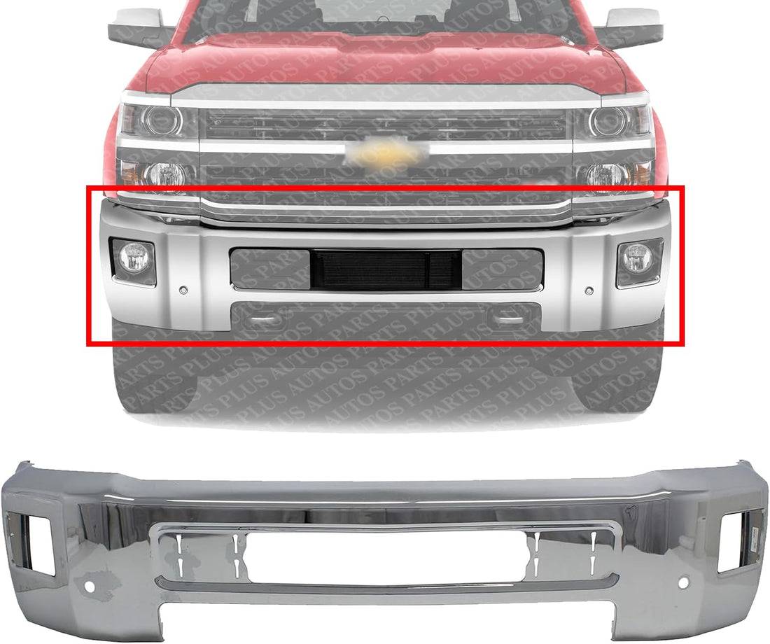 Front Bumper Chrome Steel with Fog Light Holes Direct Replacement Compatible with 2015-2019 Chevrolet Silverado 2500/3500 HD GM1002850 23229369