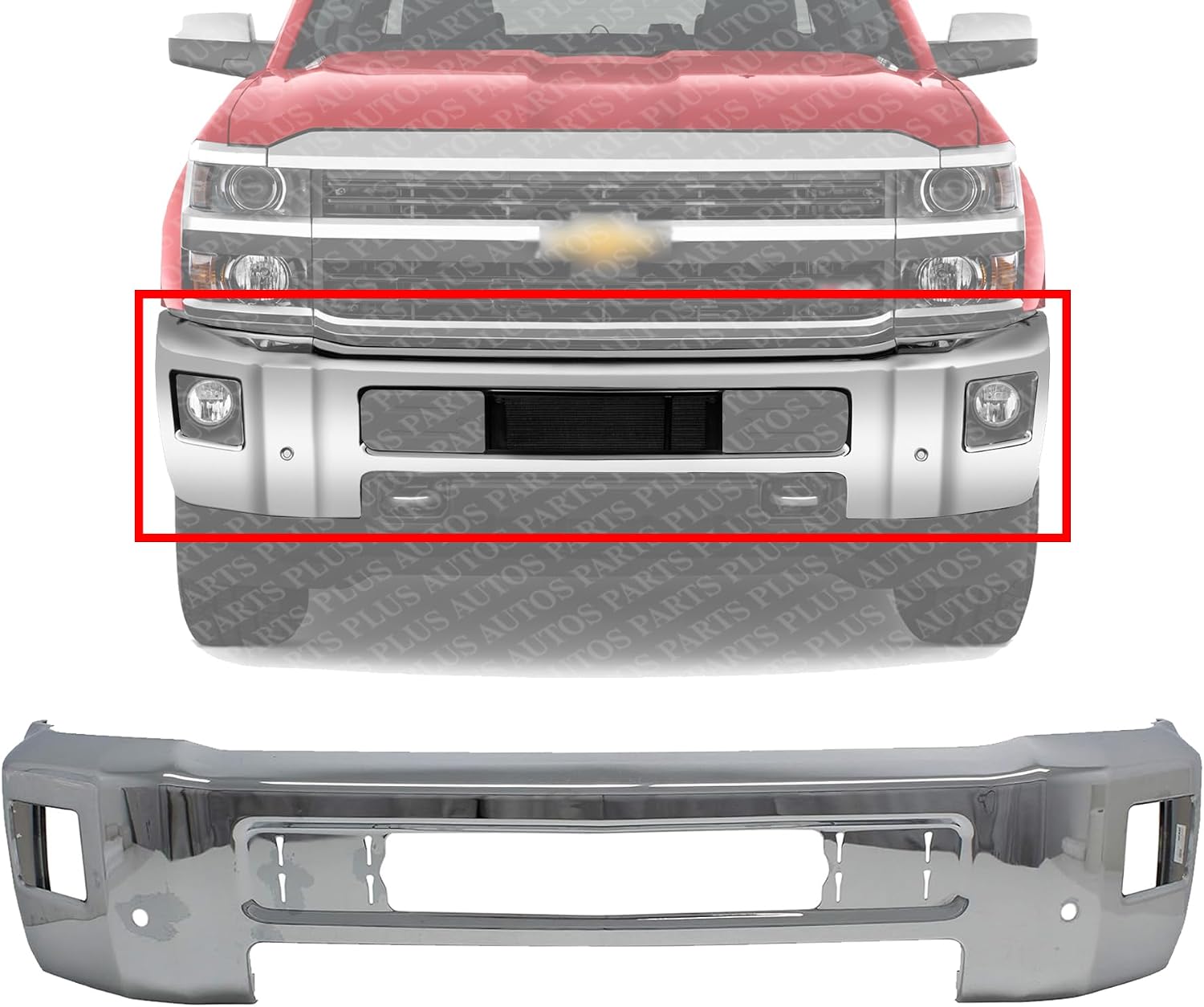 Front Bumper Chrome Steel with Fog Light Holes Direct Replacement Compatible with 2015-2019 Chevrolet Silverado 2500/3500 HD GM1002850 23229369