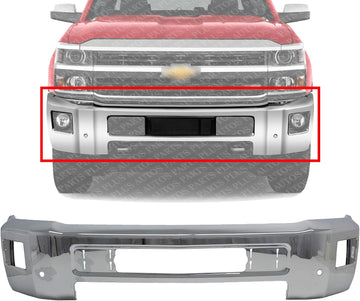 Front Bumper Chrome Steel with Fog Light Holes Direct Replacement Compatible with 2015-2019 Chevrolet Silverado 2500/3500 HD GM1002850 23229369