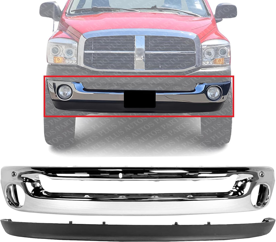 Front Bumper Face Bar Chrome Steel + Lower Valance Air Dam Textured Direct Replacement Compatible With 2002-2009 Dodge Ram 1500/2003-2009 2500 3500 CH1002383 CH1090125 55077946AB