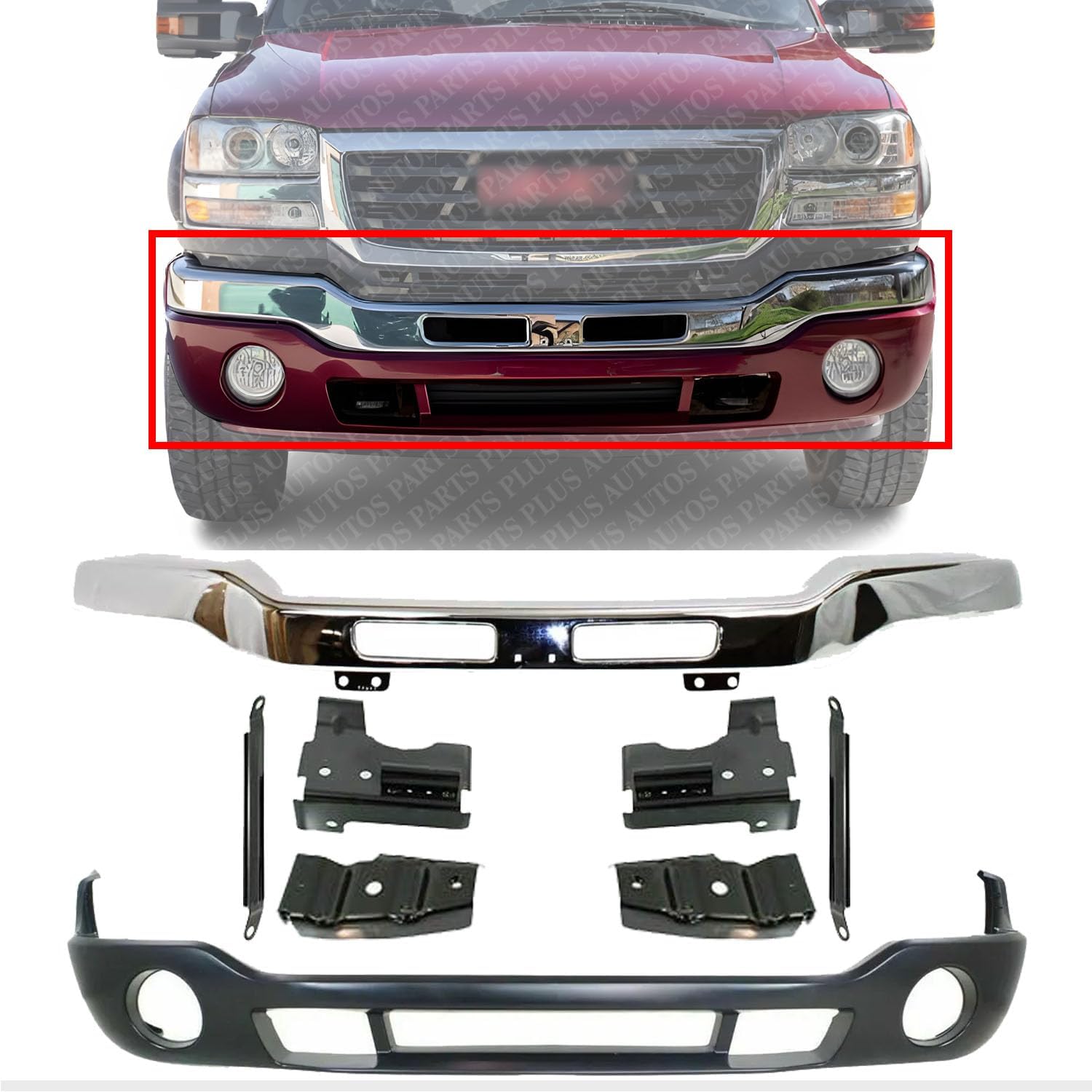 AUTOS PARTS PLUS Front Bumper Chrome Steel With Brackets + Lower Valance Primed With Fog Light Holes Direct Replacement Compatible With GMC Sierra 1500 2500HD 3500 2003-2006 GM1002463 GM1000684