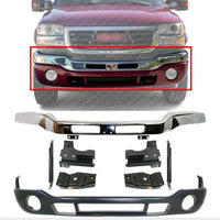 AUTOS PARTS PLUS Front Bumper Chrome Steel With Brackets + Lower Valance Primed With Fog Light Holes Direct Replacement Compatible With GMC Sierra 1500 2500HD 3500 2003-2006 GM1002463 GM1000684