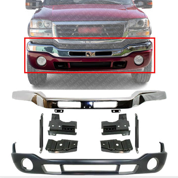 AUTOS PARTS PLUS Front Bumper Chrome Steel With Brackets + Lower Valance Primed With Fog Light Holes Direct Replacement Compatible With GMC Sierra 1500 2500HD 3500 2003-2006 GM1002463 GM1000684