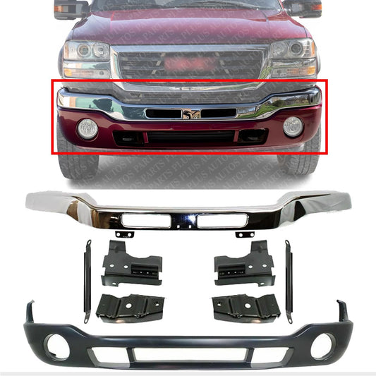 AUTOS PARTS PLUS Front Bumper Chrome Steel With Brackets + Lower Valance Primed With Fog Light Holes Direct Replacement Compatible With GMC Sierra 1500 2500HD 3500 2003-2006 GM1002463 GM1000684