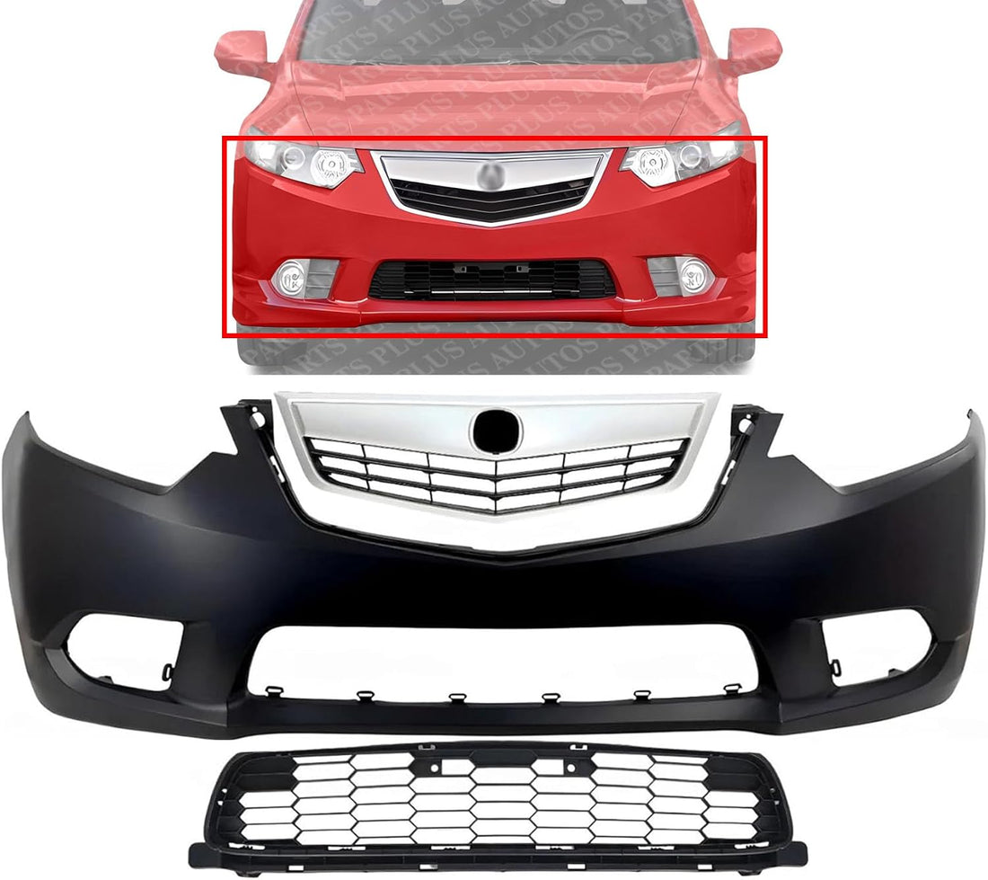 Front Bumper Cover Primed Plastic + Upper & Lower Grille Direct Replacement Compatible With 2011-2014 Acura TSX