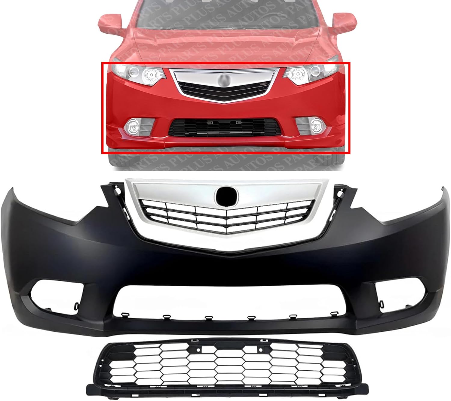 Front Bumper Cover Primed Plastic + Upper & Lower Grille Direct Replacement Compatible With 2011-2014 Acura TSX