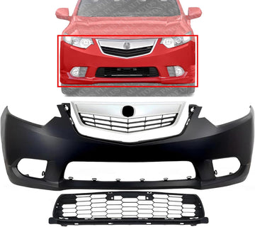 Front Bumper Cover Primed Plastic + Upper & Lower Grille Direct Replacement Compatible With 2011-2014 Acura TSX