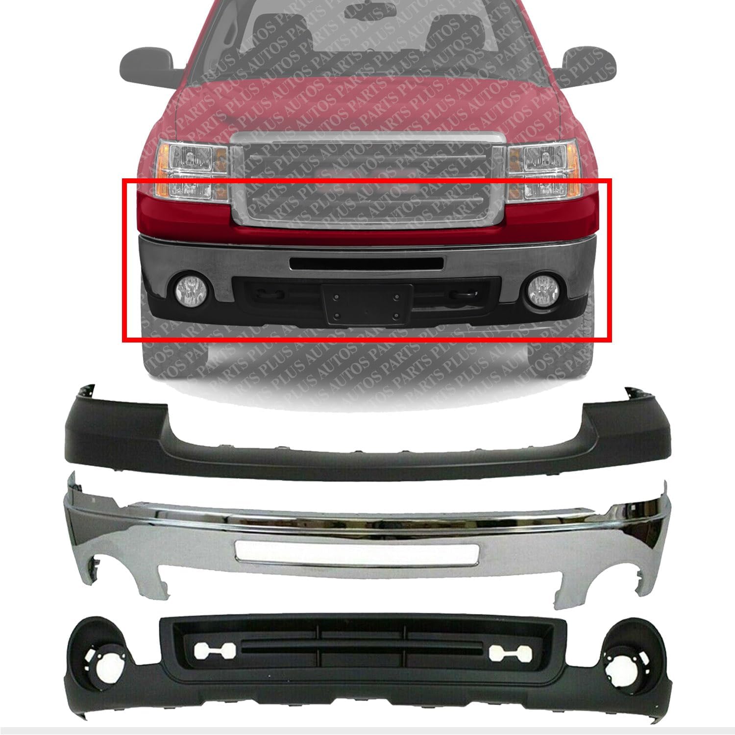 Front Bumper Chrome Steel + Upper Cover Primed + Lower Valance Textured Direct Replacement Compatible With 2007-2013 GMC Sierra 1500 GM1015100 GM1002834 GM1014102