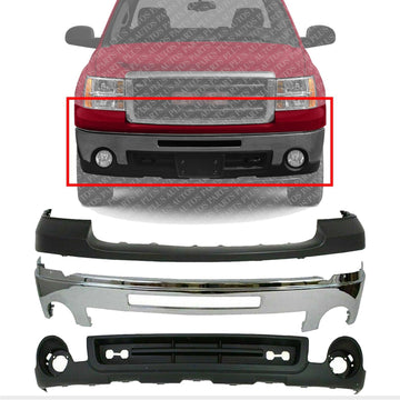 Front Bumper Chrome Steel + Upper Cover Primed + Lower Valance Textured Direct Replacement Compatible With 2007-2013 GMC Sierra 1500 GM1015100 GM1002834 GM1014102