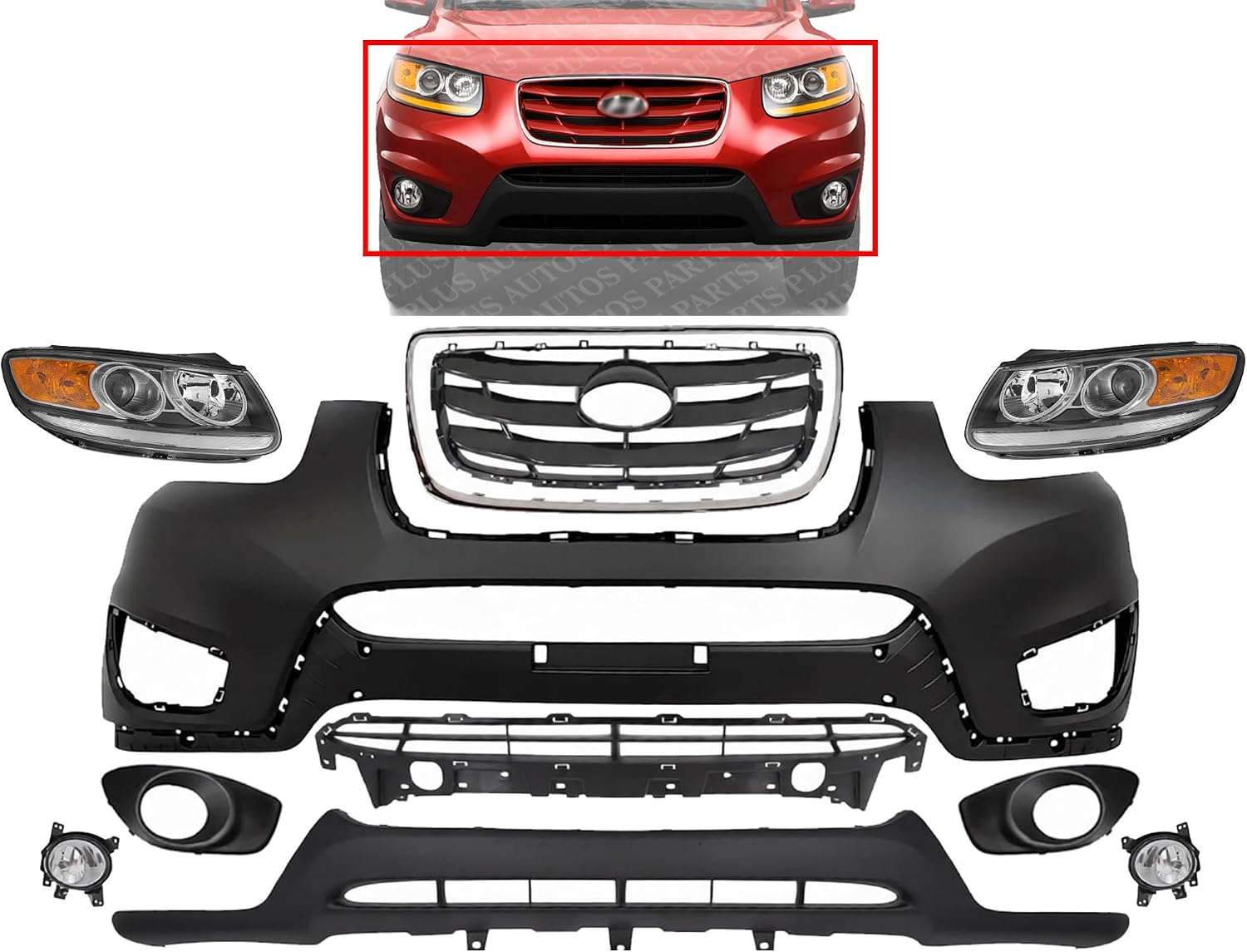 Front Bumper Cover + Valance + Upper & Lower Grille + Molding Chrome + Headlight + Fog Light + Trim Left & Right Side Direct Replacement Compatible With 2010-2012 Hyundai Santa Fe