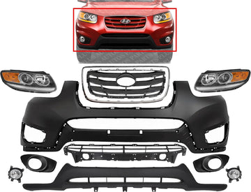 Front Bumper Cover + Valance + Upper & Lower Grille + Molding Chrome + Headlight + Fog Light + Trim Left & Right Side Direct Replacement Compatible With 2010-2012 Hyundai Santa Fe