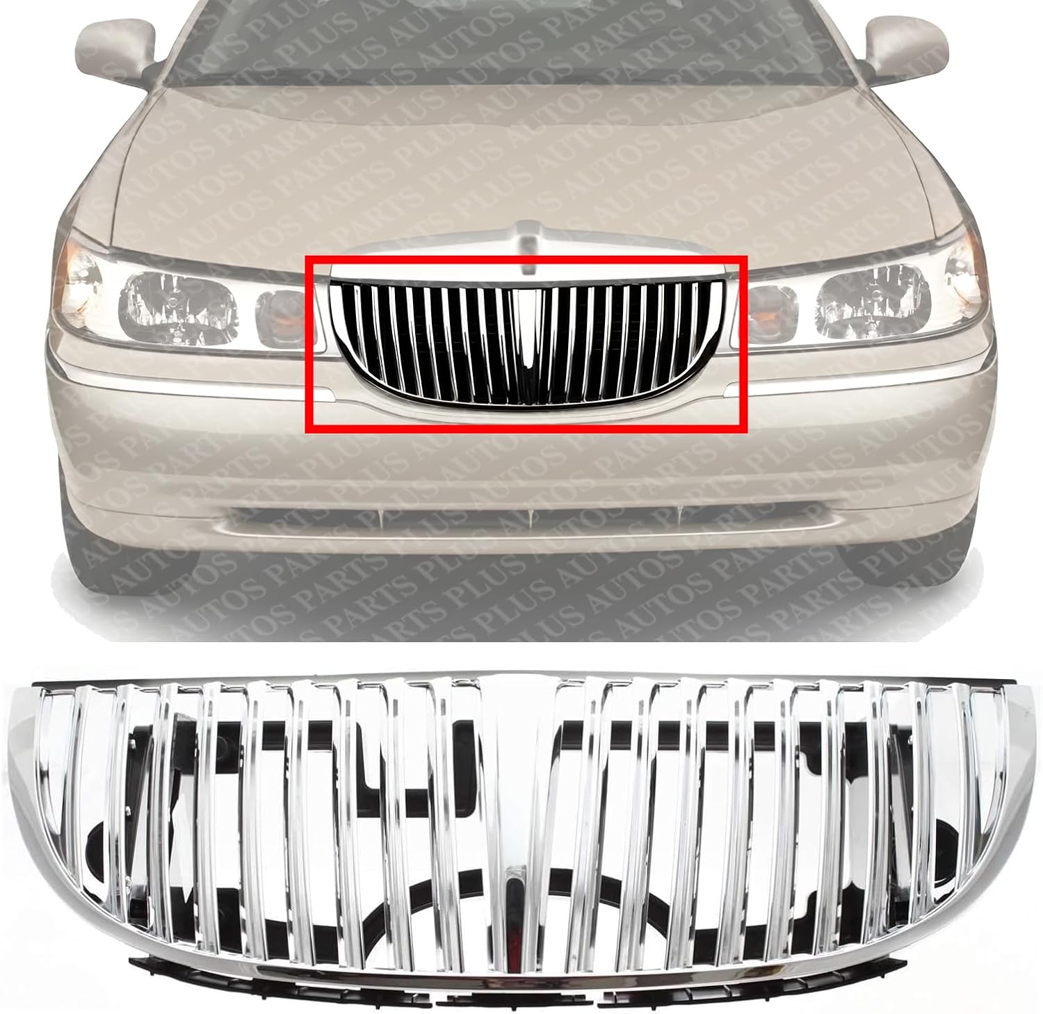 Front Grille Chrome Shell With Silver Insert Direct Replacement Compatible With 1998-2002 Lincoln Town Car FO1200349 XW1Z8200AA
