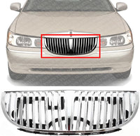Front Grille Chrome Shell With Silver Insert Direct Replacement Compatible With 1998-2002 Lincoln Town Car FO1200349 XW1Z8200AA
