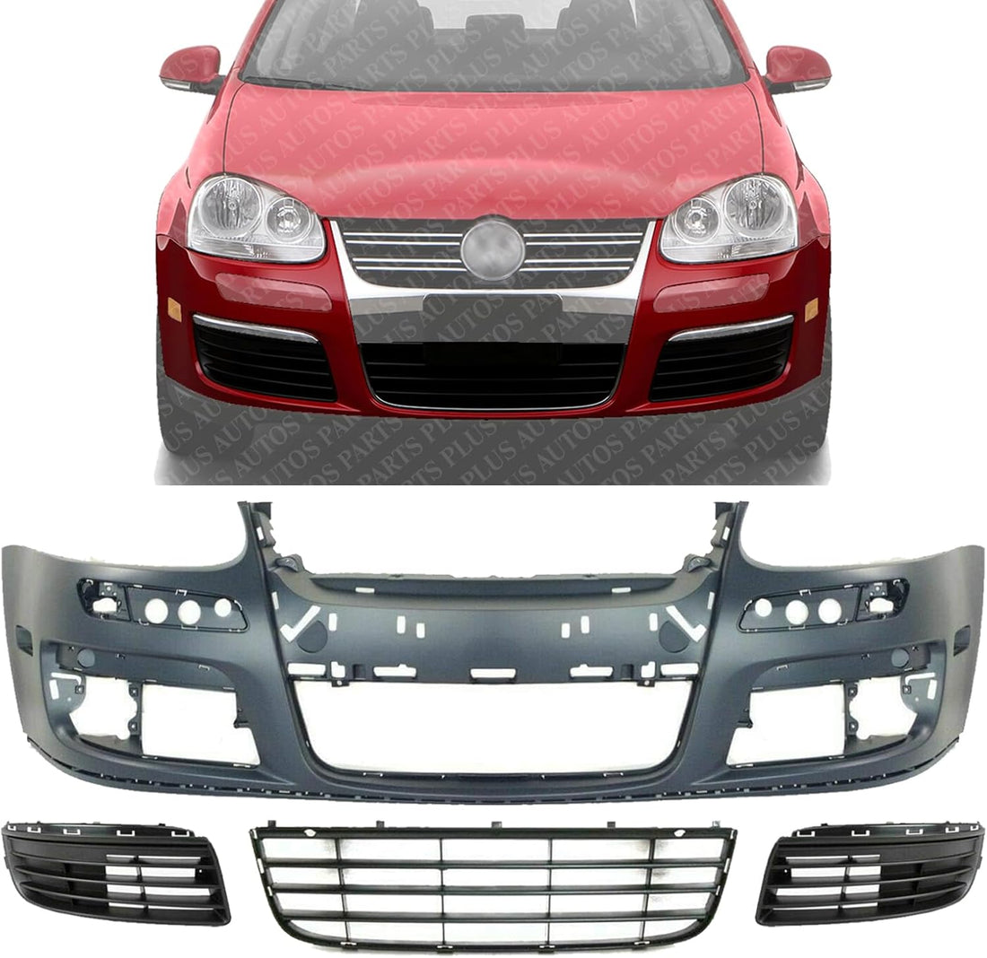 Front Bumper Cover Primed + Lower Grille + Fog Light Cover Left Driver & Right Passenger Side Direct Replacement Compatible With 2005-2010 Volkswagen Jetta VW1000161 VW1036106