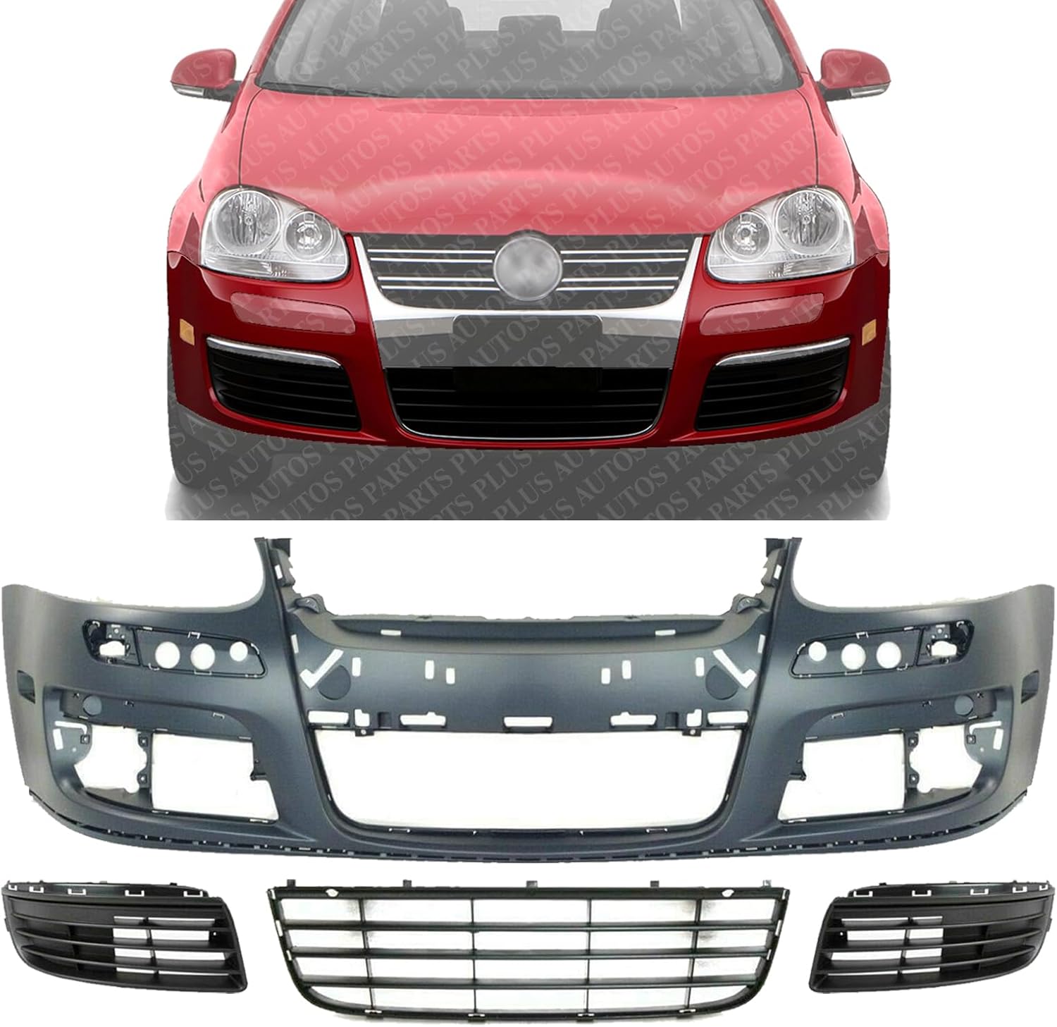 Front Bumper Cover Primed + Lower Grille + Fog Light Cover Left Driver & Right Passenger Side Direct Replacement Compatible With 2005-2010 Volkswagen Jetta VW1000161 VW1036106