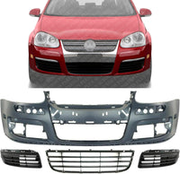 Front Bumper Cover Primed + Lower Grille + Fog Light Cover Left Driver & Right Passenger Side Direct Replacement Compatible With 2005-2010 Volkswagen Jetta VW1000161 VW1036106