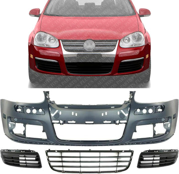 Front Bumper Cover Primed + Lower Grille + Fog Light Cover Left Driver & Right Passenger Side Direct Replacement Compatible With 2005-2010 Volkswagen Jetta VW1000161 VW1036106