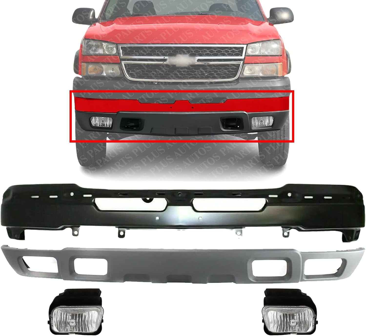 Front Bumper Primed Steel + Lower Valance Textured Gray + Fog Lamps Left & Right Side Direct Replacement Compatible With 2003-2006 Chevrolet Silverado 1500 2500HD 3500 GM1002417