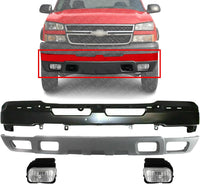 Front Bumper Primed Steel + Lower Valance Textured Gray + Fog Lamps Left & Right Side Direct Replacement Compatible With 2003-2006 Chevrolet Silverado 1500 2500HD 3500 GM1002417