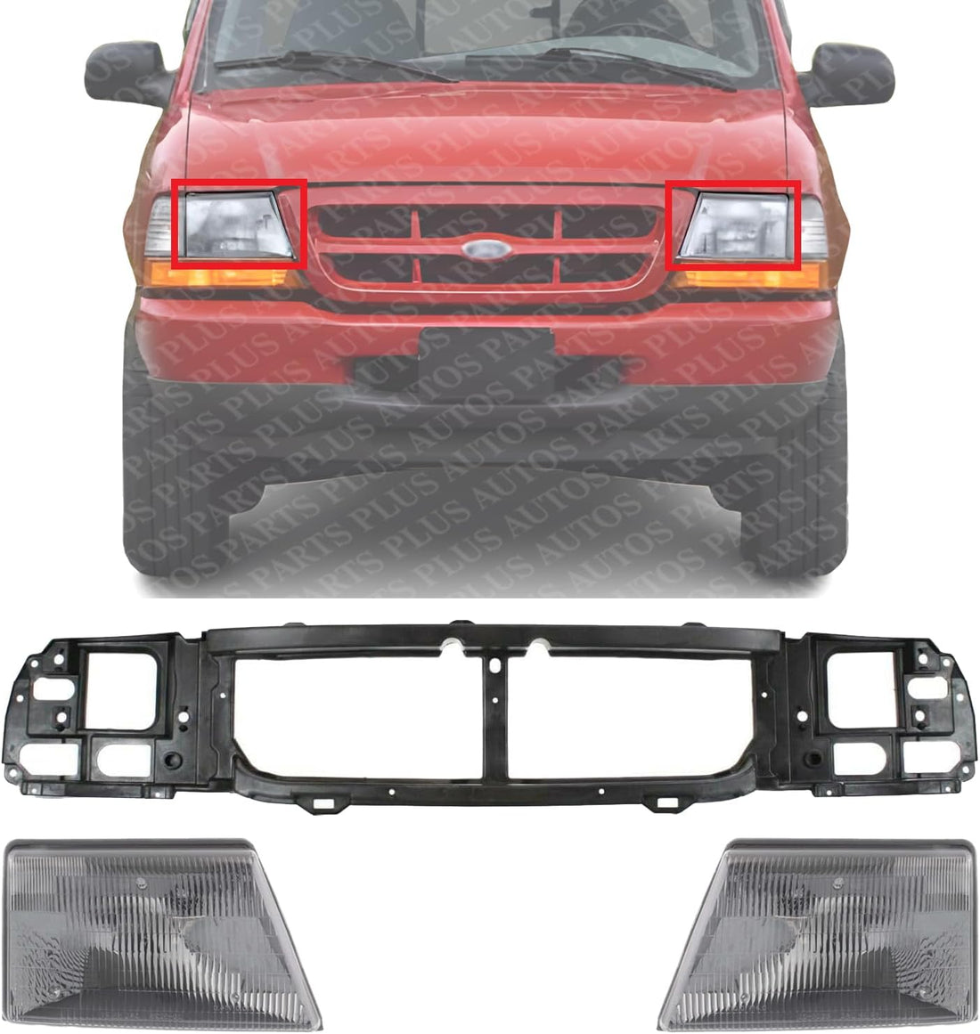 Front Header Panel Thermoplastic And Fiberglass + Headlight Assembly Right Passenger & Left Driver Side Direct Replacement Compatible With 1998-2000 Ford Ranger FO1220215 FO2502151