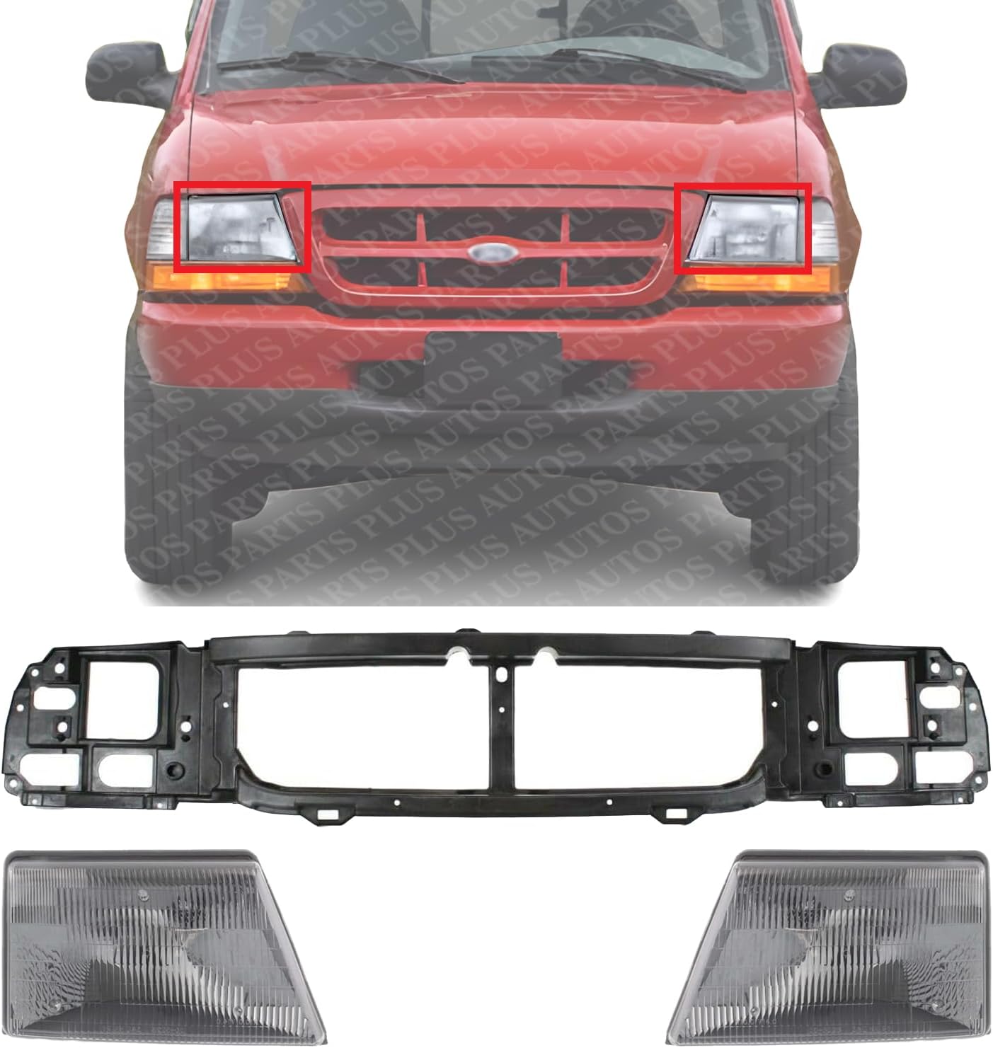 Front Header Panel Thermoplastic And Fiberglass + Headlight Assembly Right Passenger & Left Driver Side Direct Replacement Compatible With 1998-2000 Ford Ranger FO1220215 FO2502151