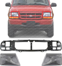 Front Header Panel Thermoplastic And Fiberglass + Headlight Assembly Right Passenger & Left Driver Side Direct Replacement Compatible With 1998-2000 Ford Ranger FO1220215 FO2502151