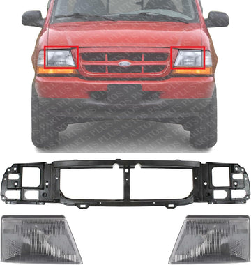 Front Header Panel Thermoplastic And Fiberglass + Headlight Assembly Right Passenger & Left Driver Side Direct Replacement Compatible With 1998-2000 Ford Ranger FO1220215 FO2502151