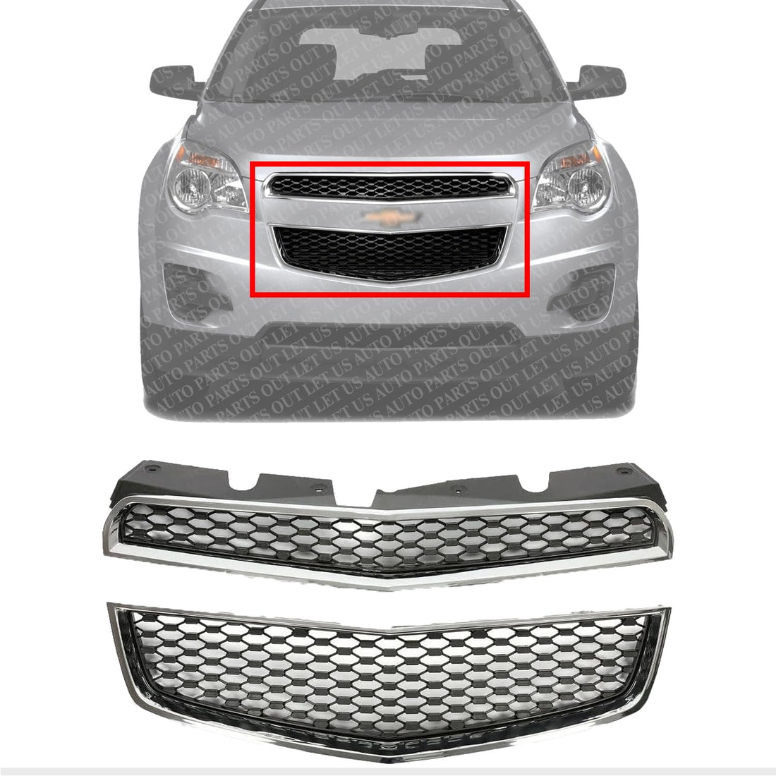 Front Bumper Upper & Lower Grille Chrome Shell & Primed Insert Direct Replacement Compatible With 2010-2015 Chevrolet Equinox GM1200621 GM1200622 25798747 25798744