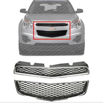 Front Bumper Upper & Lower Grille Chrome Shell & Primed Insert Direct Replacement Compatible With 2010-2015 Chevrolet Equinox GM1200621 GM1200622 25798747 25798744