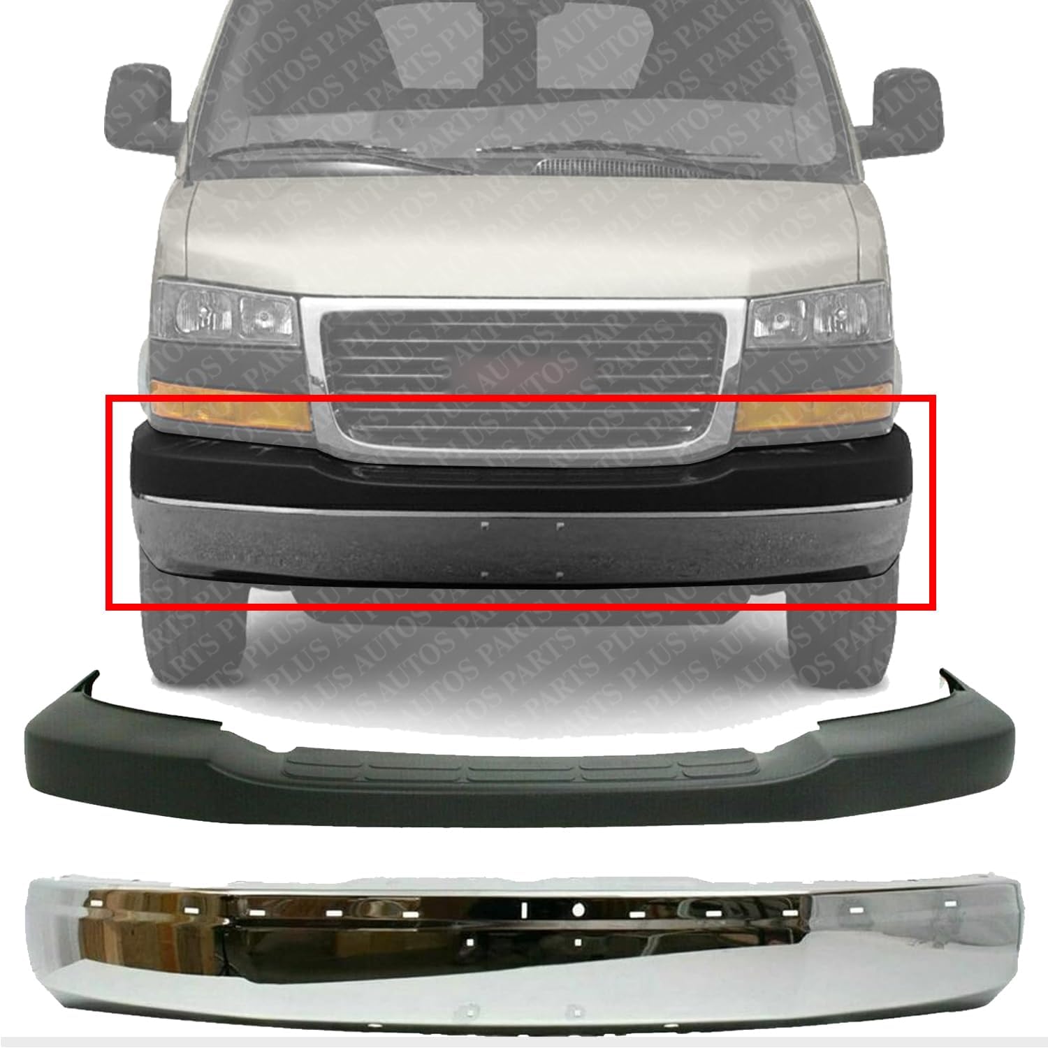 Front Bumper Face Bar Chrome Steel + Upper Cover Textured Direct Replacement Compatible With Chevrolet Express & GMC Savana 2500 3500 2003-2023/1500 2003-2014 GM1000693 GM1002459
