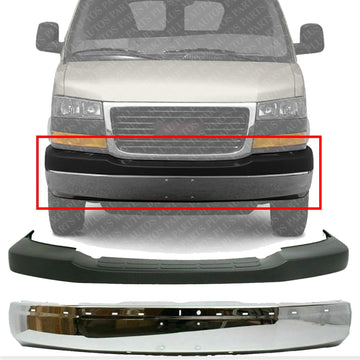 Front Bumper Face Bar Chrome Steel + Upper Cover Textured Direct Replacement Compatible With Chevrolet Express & GMC Savana 2500 3500 2003-2023/1500 2003-2014 GM1000693 GM1002459