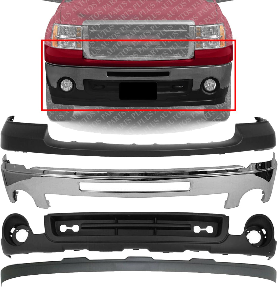 Front Bumper Chrome Steel + Upper Cover Primed + Lower Valance Air Deflector + Extension Textured Direct Replacement Compatible With GMC Sierra 1500 2007-2013 GM1015100 GM1014102