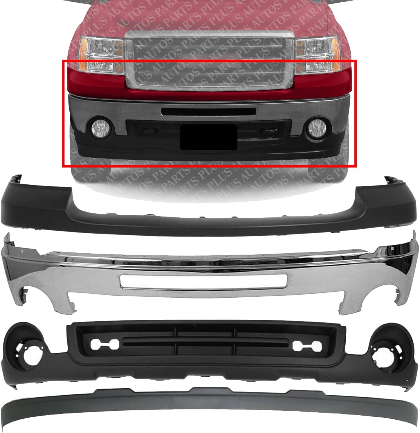 Front Bumper Chrome Steel + Upper Cover Primed + Lower Valance Air Deflector + Extension Textured Direct Replacement Compatible With GMC Sierra 1500 2007-2013 GM1015100 GM1014102