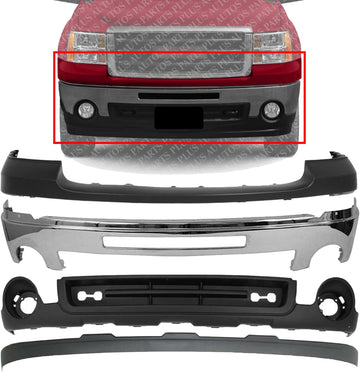 Front Bumper Chrome Steel + Upper Cover Primed + Lower Valance Air Deflector + Extension Textured Direct Replacement Compatible With GMC Sierra 1500 2007-2013 GM1015100 GM1014102