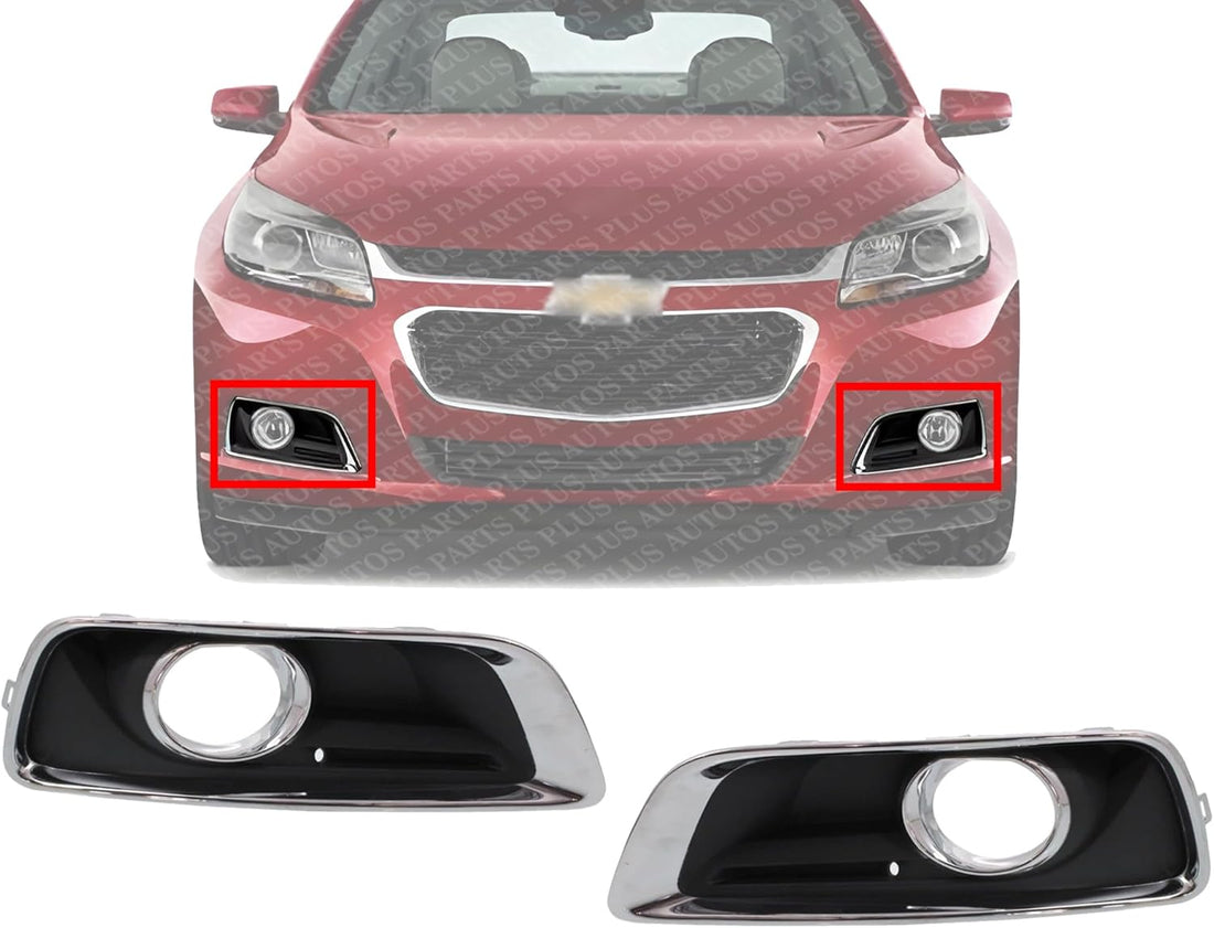 Set Of 2 Front Fog Light Plastic Moldings With Chrome Trim Left Driver & Right Passenger Side Direct Replacement Compatible With 2013-2015 Chevrolet Malibu / 2016 Limited