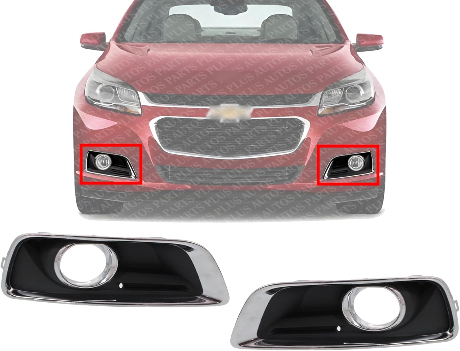 Set Of 2 Front Fog Light Plastic Moldings With Chrome Trim Left Driver & Right Passenger Side Direct Replacement Compatible With 2013-2015 Chevrolet Malibu / 2016 Limited