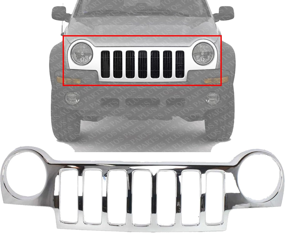 Front Grille Bright Chrome Plastic Direct Replacement Compatible With 2002-2004 Jeep Liberty 55156608AB-PFM