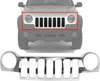 Front Grille Bright Chrome Plastic Direct Replacement Compatible With 2002-2004 Jeep Liberty 55156608AB-PFM