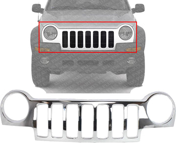 Front Grille Bright Chrome Plastic Direct Replacement Compatible With 2002-2004 Jeep Liberty 55156608AB-PFM