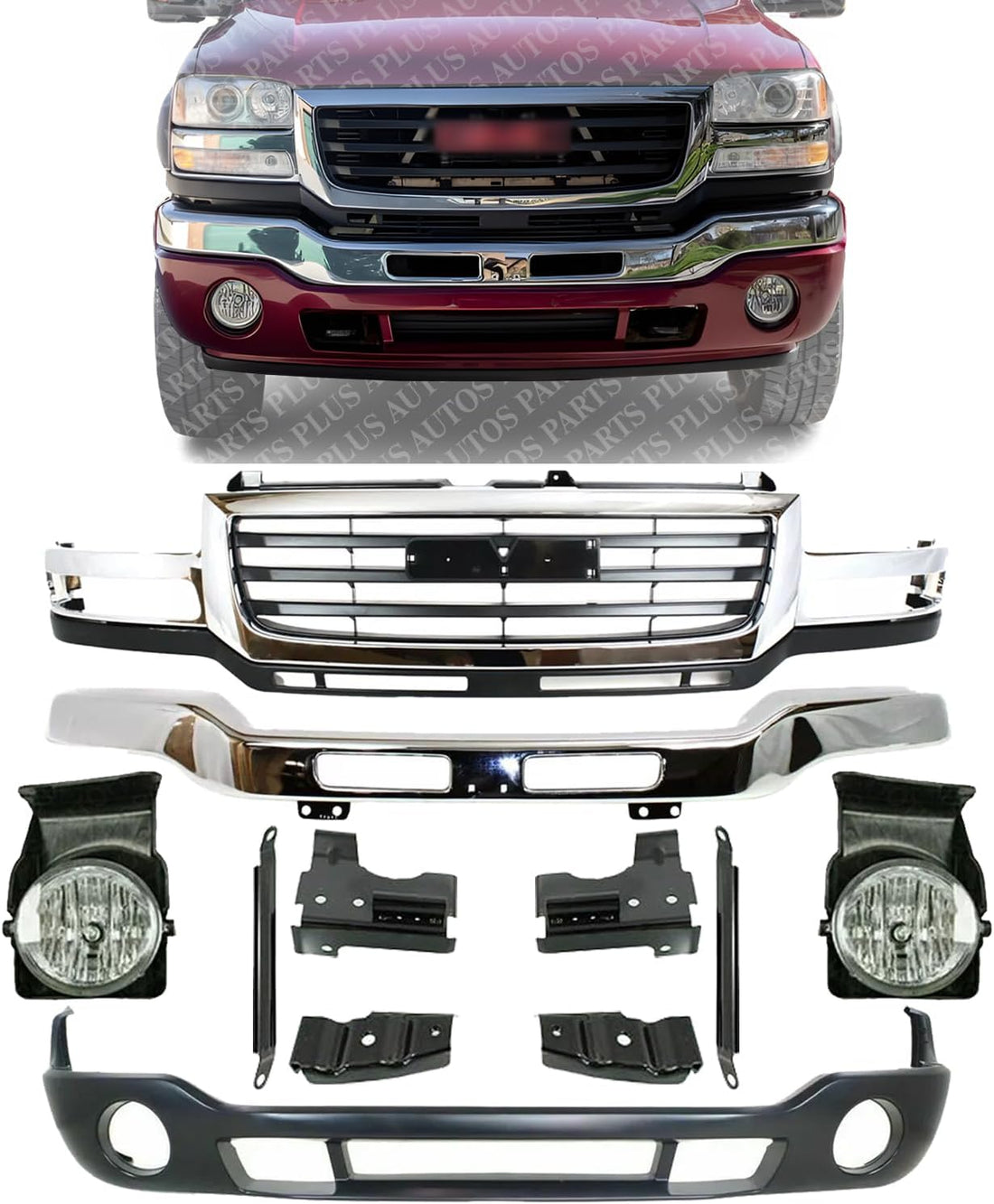 Front Bumper Steel + Grille Chrome + Lower Valance Primed + Fog Light Assembly Right & Left Side Direct Replacement Compatible With GMC Sierra 2500HD 3500 2003-2006 GM1200568