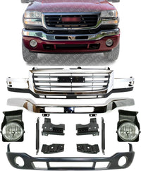 Front Bumper Steel + Grille Chrome + Lower Valance Primed + Fog Light Assembly Right & Left Side Direct Replacement Compatible With GMC Sierra 2500HD 3500 2003-2006 GM1200568