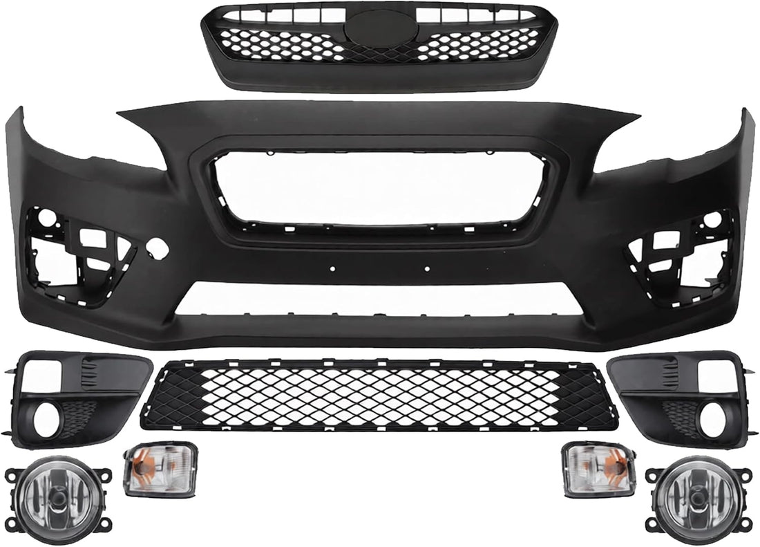 Front Bumper Cover Primed Plastic + Upper & Lower Grille + Signal Lamp + Fog Light + Trim Left Driver & Right Passenger Side Direct Replacement Compatible With 2015-2017 Subaru WRX