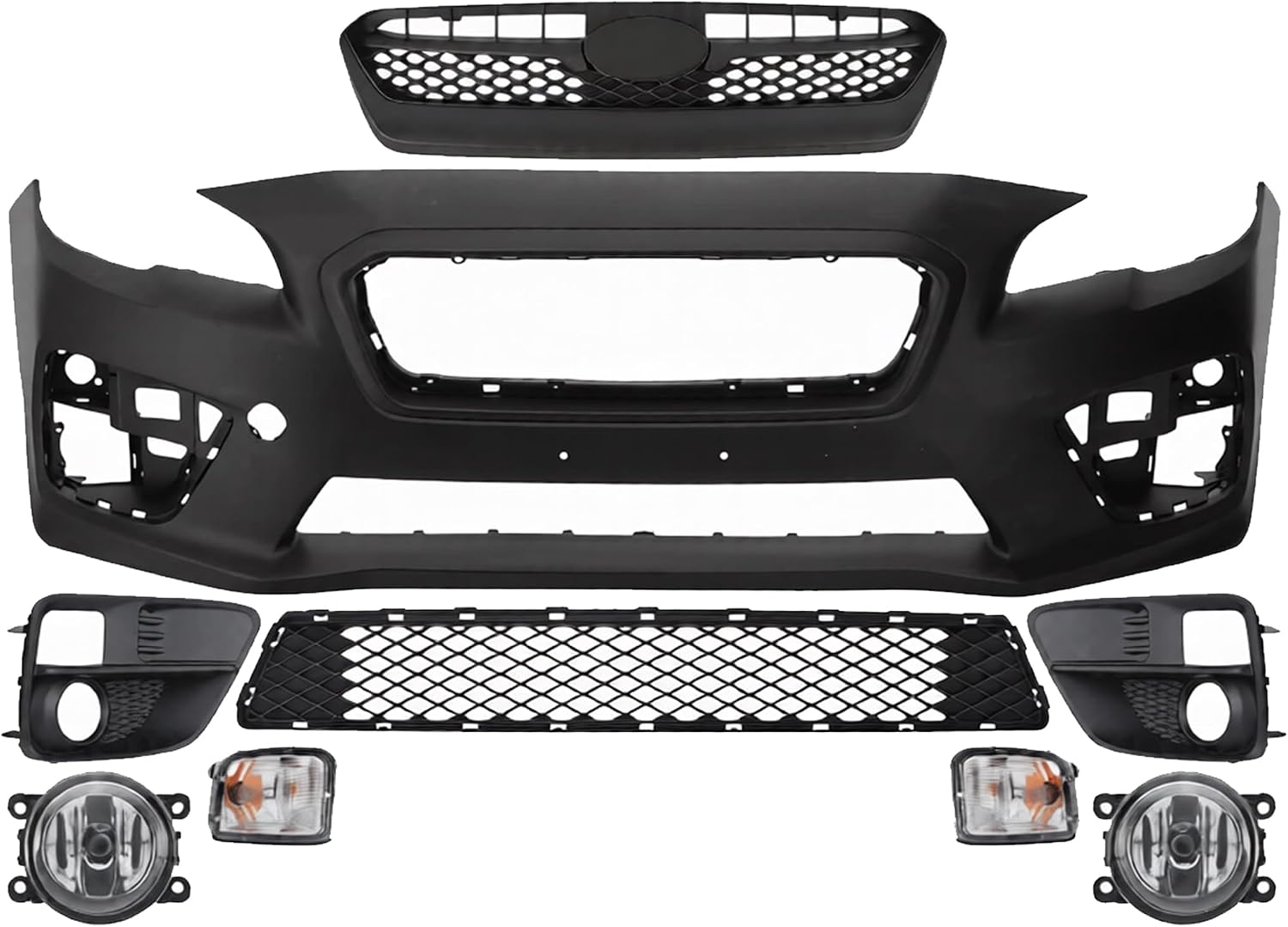 Front Bumper Cover Primed Plastic + Upper & Lower Grille + Signal Lamp + Fog Light + Trim Left Driver & Right Passenger Side Direct Replacement Compatible With 2015-2017 Subaru WRX