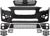 Front Bumper Cover Primed Plastic + Upper & Lower Grille + Signal Lamp + Fog Light + Trim Left Driver & Right Passenger Side Direct Replacement Compatible With 2015-2017 Subaru WRX