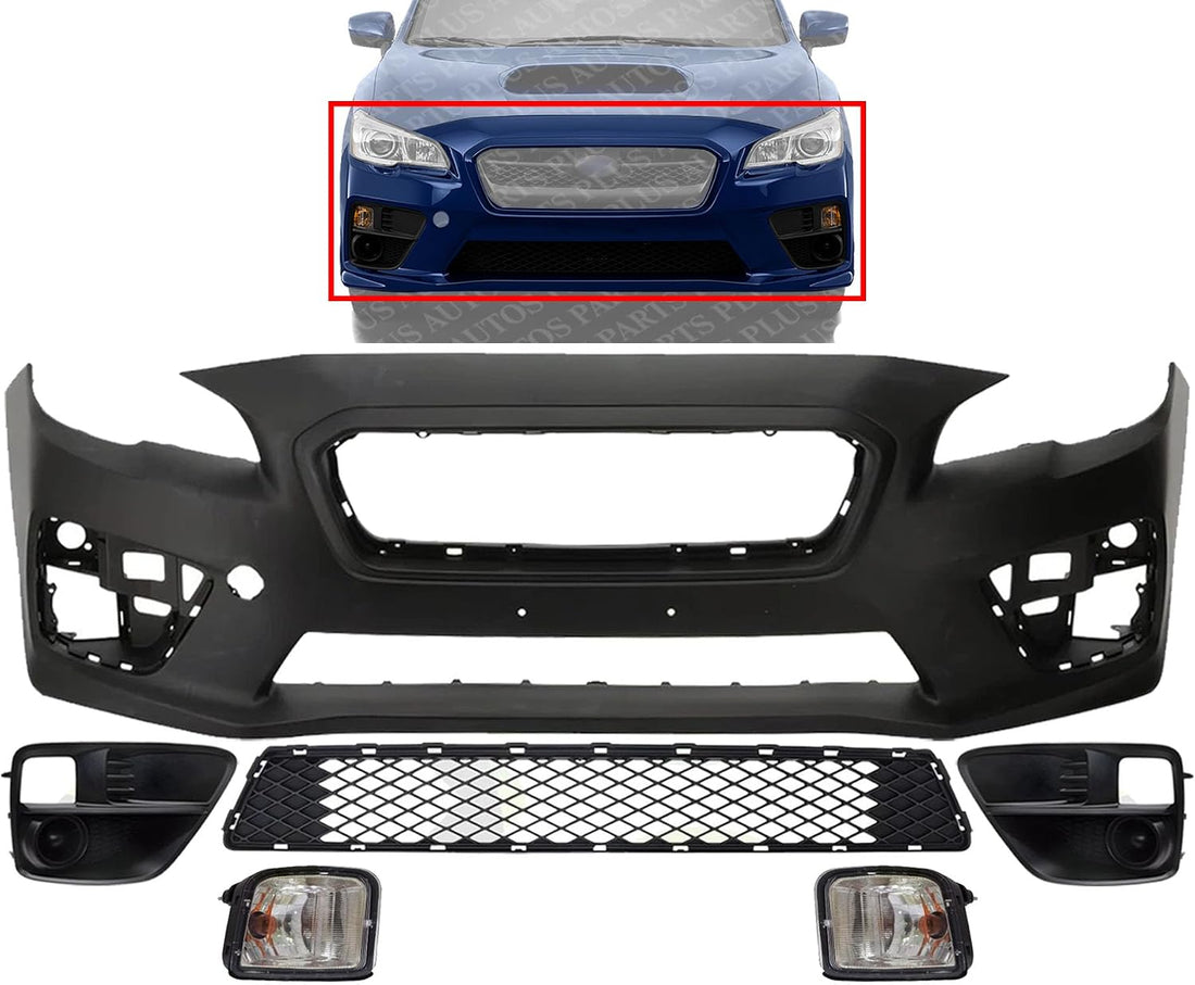 Front Bumper Cover Primed Plastic + Lower Center Grille + Fog Lights Cover + Signal Lamp Left Driver & Right Passenger Side Direct Replacement Compatible With 2015-2017 Subaru WRX