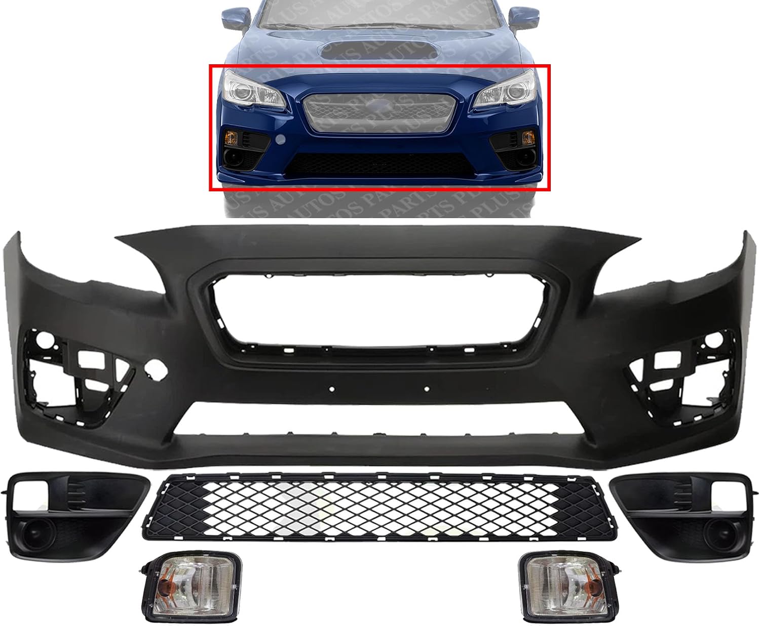 Front Bumper Cover Primed Plastic + Lower Center Grille + Fog Lights Cover + Signal Lamp Left Driver & Right Passenger Side Direct Replacement Compatible With 2015-2017 Subaru WRX