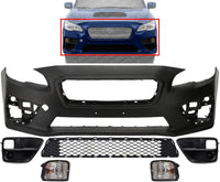 Front Bumper Cover Primed Plastic + Lower Center Grille + Fog Lights Cover + Signal Lamp Left Driver & Right Passenger Side Direct Replacement Compatible With 2015-2017 Subaru WRX