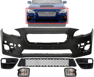 Front Bumper Cover Primed Plastic + Lower Center Grille + Fog Lights Cover + Signal Lamp Left Driver & Right Passenger Side Direct Replacement Compatible With 2015-2017 Subaru WRX