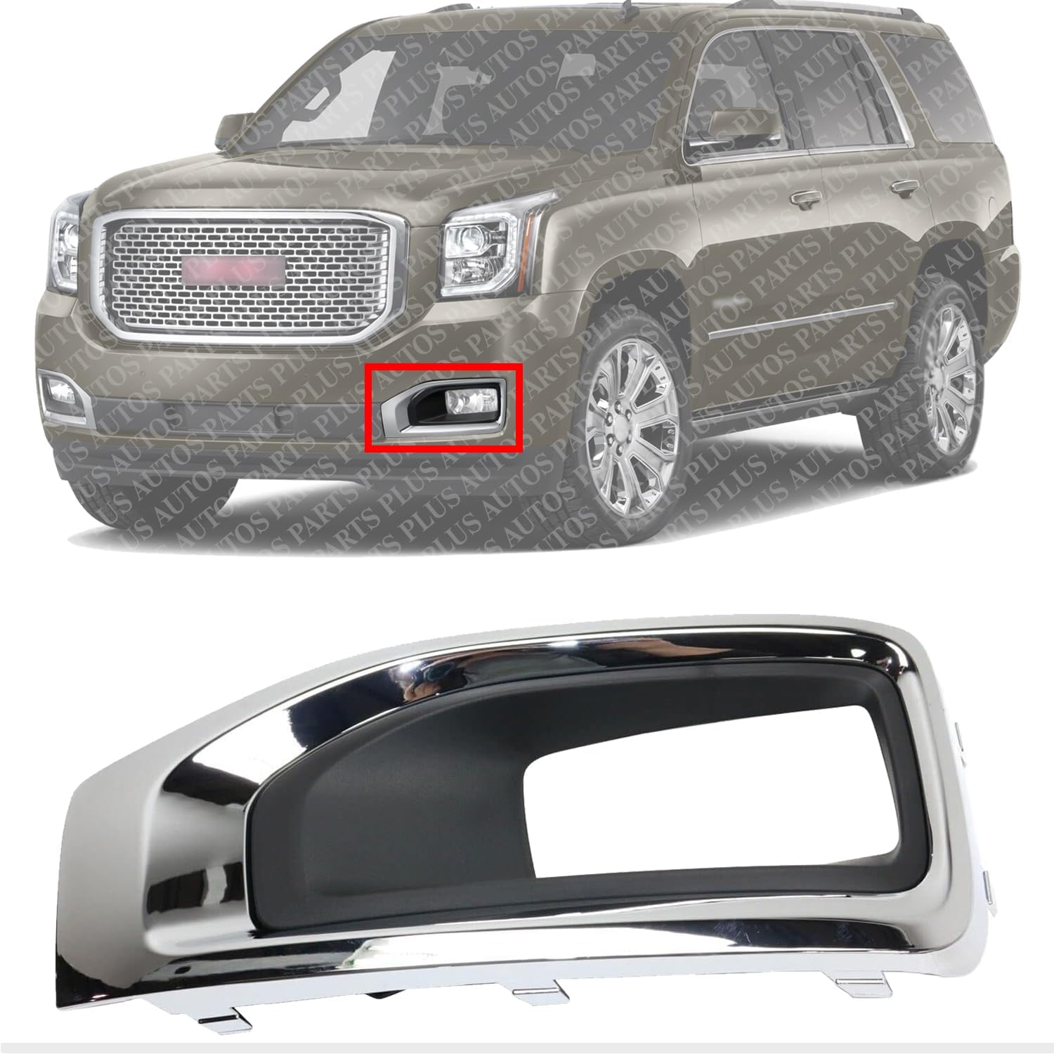 Front Fog Light Molding Primed With Chrome Bezel Left Driver Side Direct Replacement Compatible With 2015-2020 GMC Yukon/XL GM1038187 22936426