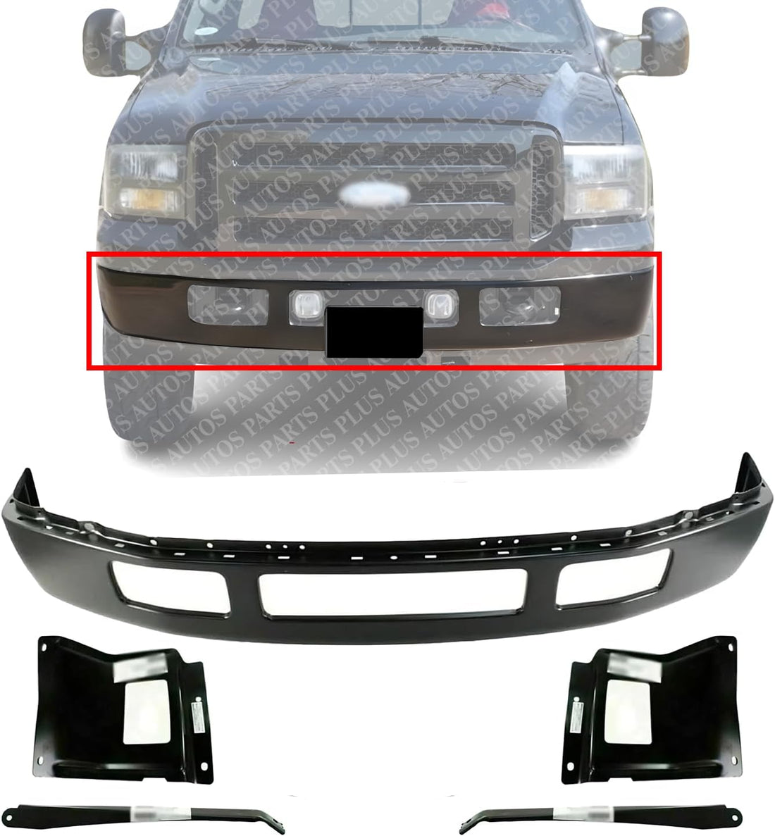 AUTOS PARTS PLUS Front Bumper Primed Steel + Mounting Plate + Outer Brackets + Left Driver and Right Passenger Side Direct Replacement Compatible With 2005-2007 Ford F-250 / F-350 Super Duty FO1002393